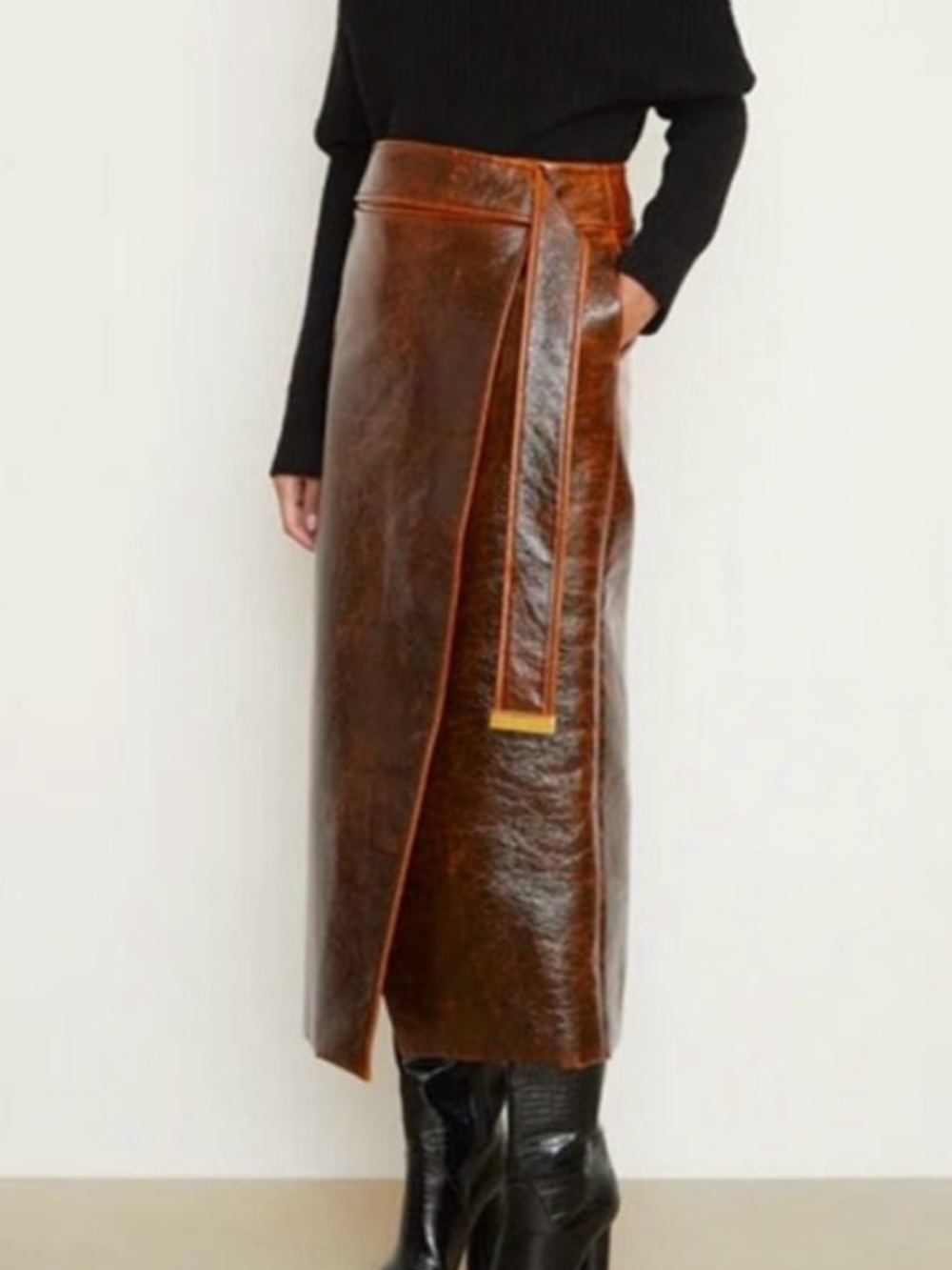 Brandon Maxwell Evelyn mahogany vegan leather wrap skirt